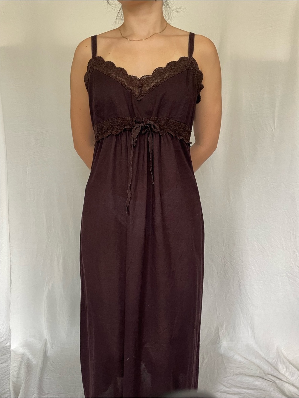 90's Vintage Victoria's Secret Brown lace trim maxi cotton dress - Picture 3 of 9
